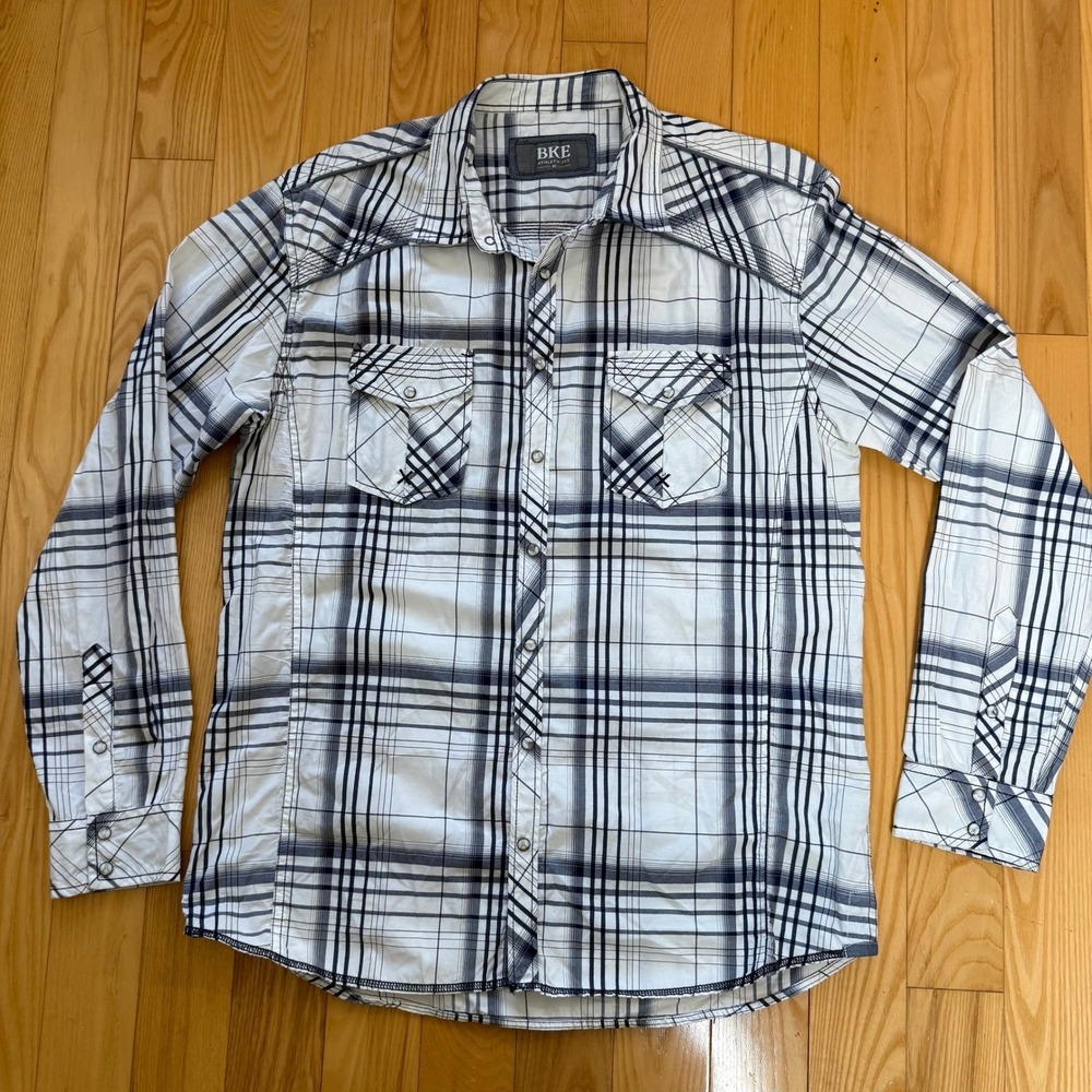 BKE Western Style Plaid Pearl Snap Shirt Men's XL Athletic Fit Cotton Blend